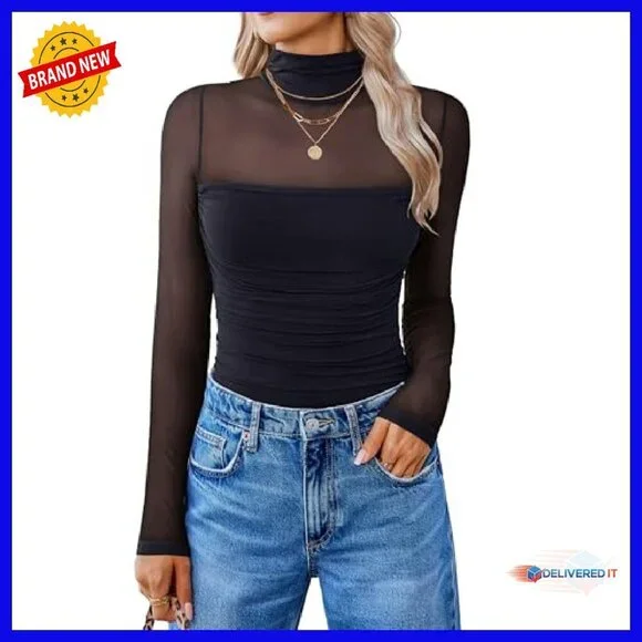 Long Sleeve Bodysuit Shapewear Mesh Turtleneck Going Out Top - Picture 2 of 8